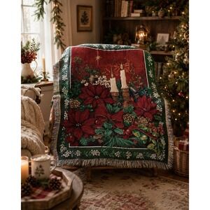 Vintage Christmas Woven Tapestry Throw Blanket Poinsettia Candle Fringe 45x34